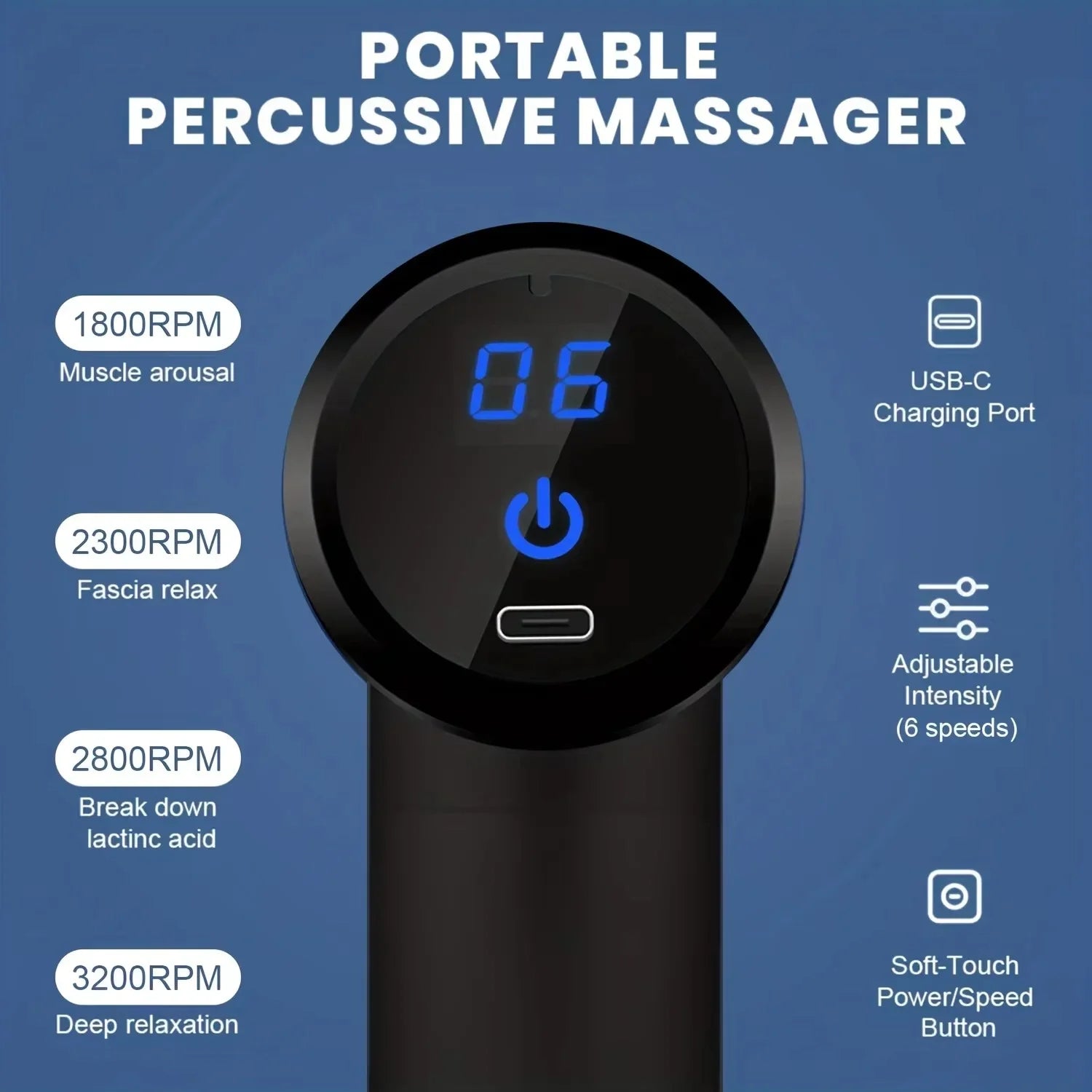 Portable percussive massager showing six adjustable speed levels and USB-C charging port.