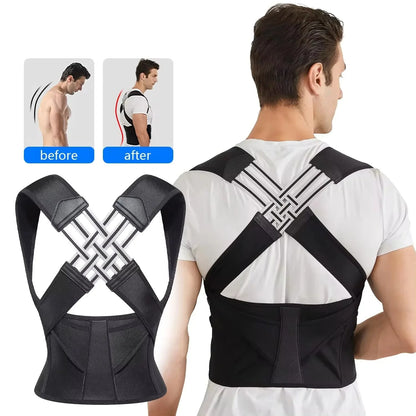Alt Text: Before and after results of wearing an adjustable back support posture belt.