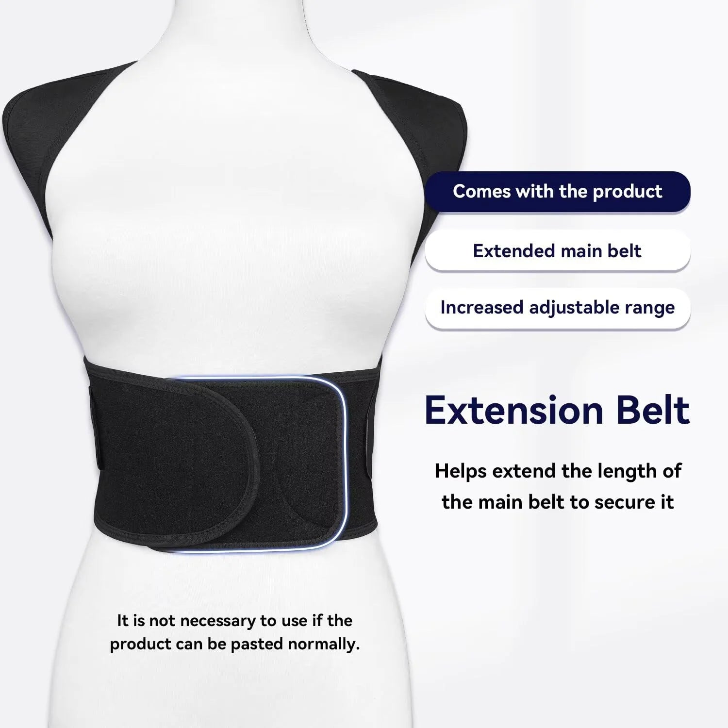 Extension belt for posture corrector providing increased adjustable range and extra length.