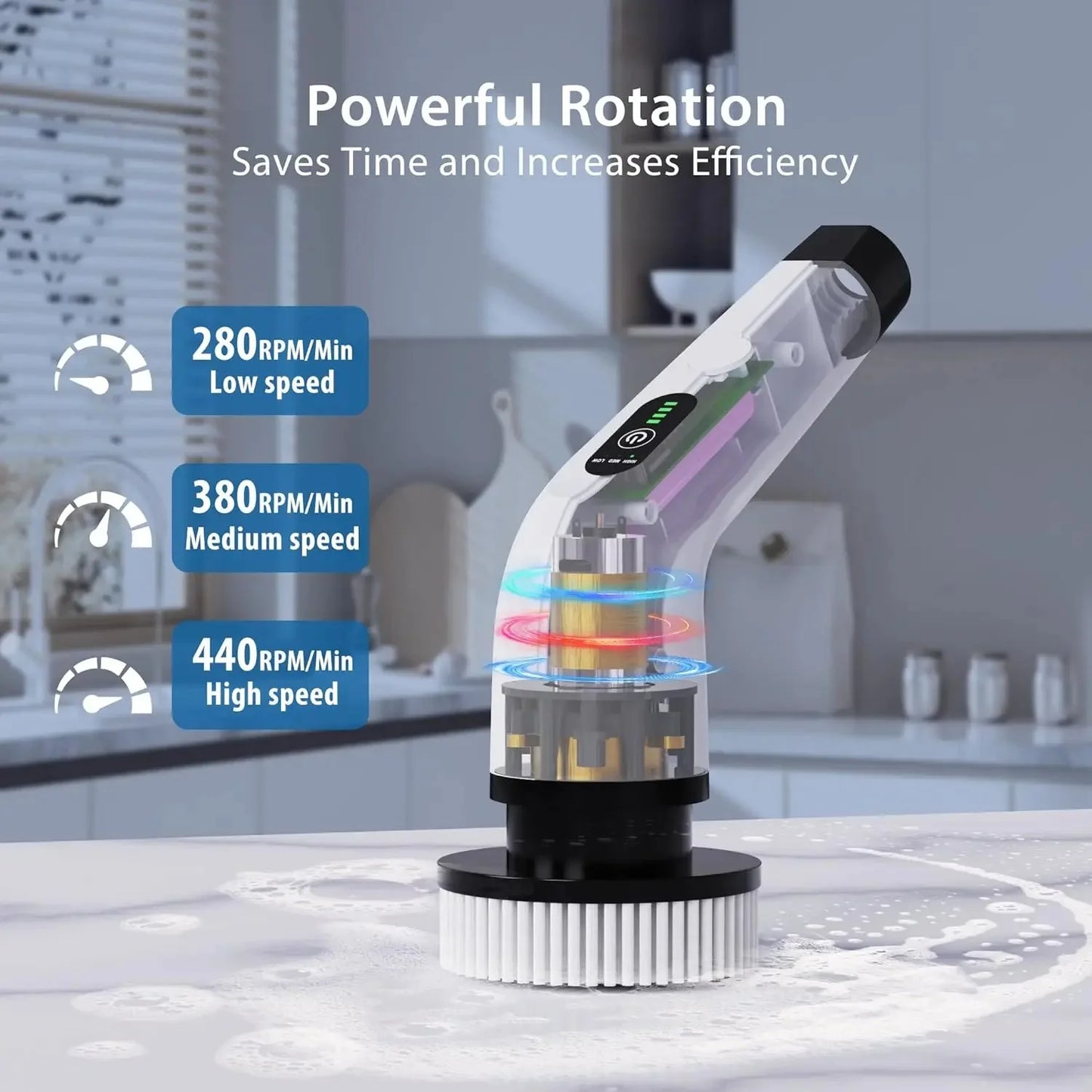 High-torque electric scrubber removing stubborn water stains and grime from bathroom tiles.