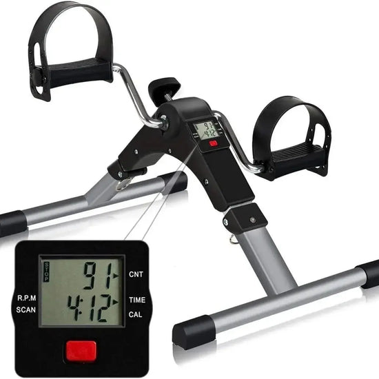 Demonstration of a portable mini exercise bike showing under-desk pedal movement, adjustable resistance, and digital tracking for home and office fitness.