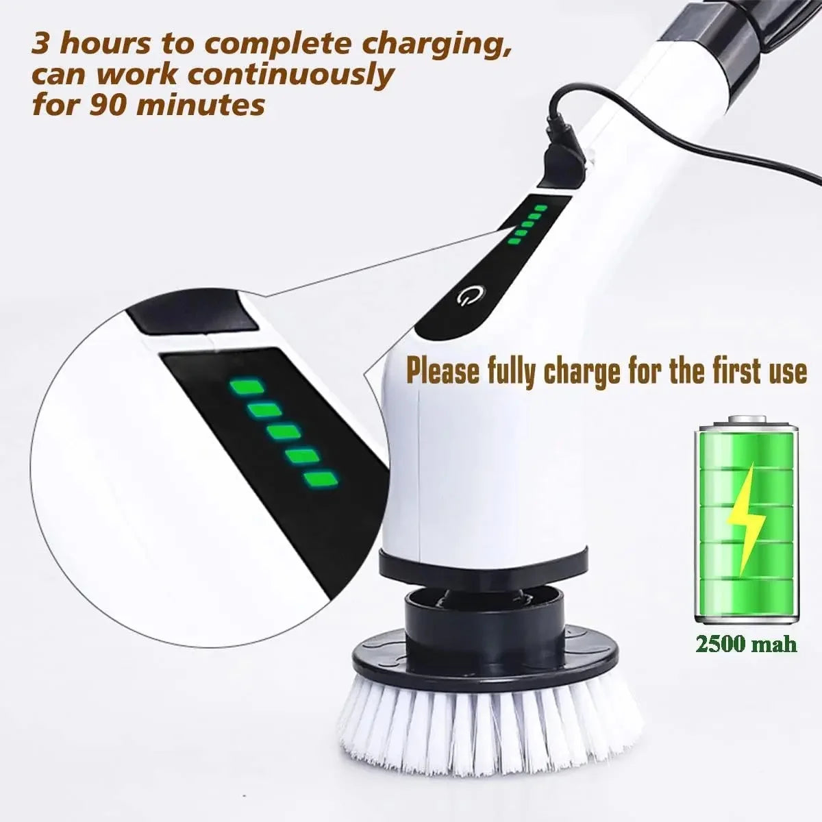 Long-lasting rechargeable battery and USB-C charging port of the electric cleaning brush.