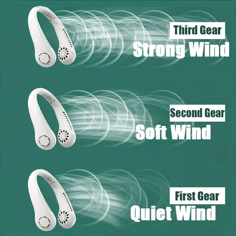 Detailed view of the hair-safe bladeless technology on a portable wearable fan.
