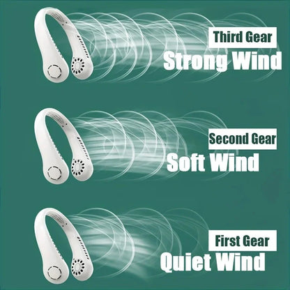  Detailed view of the hair-safe bladeless technology on a portable wearable fan.
