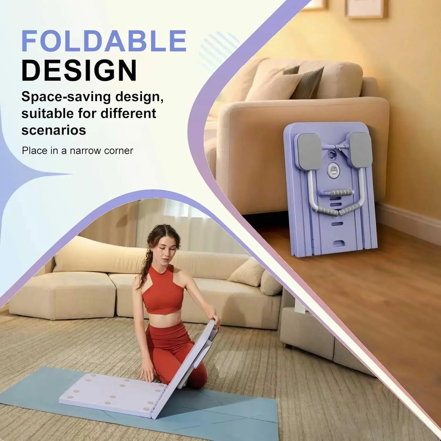 Foldable pilates reformer design showing how easily it stores under furniture or in closets.