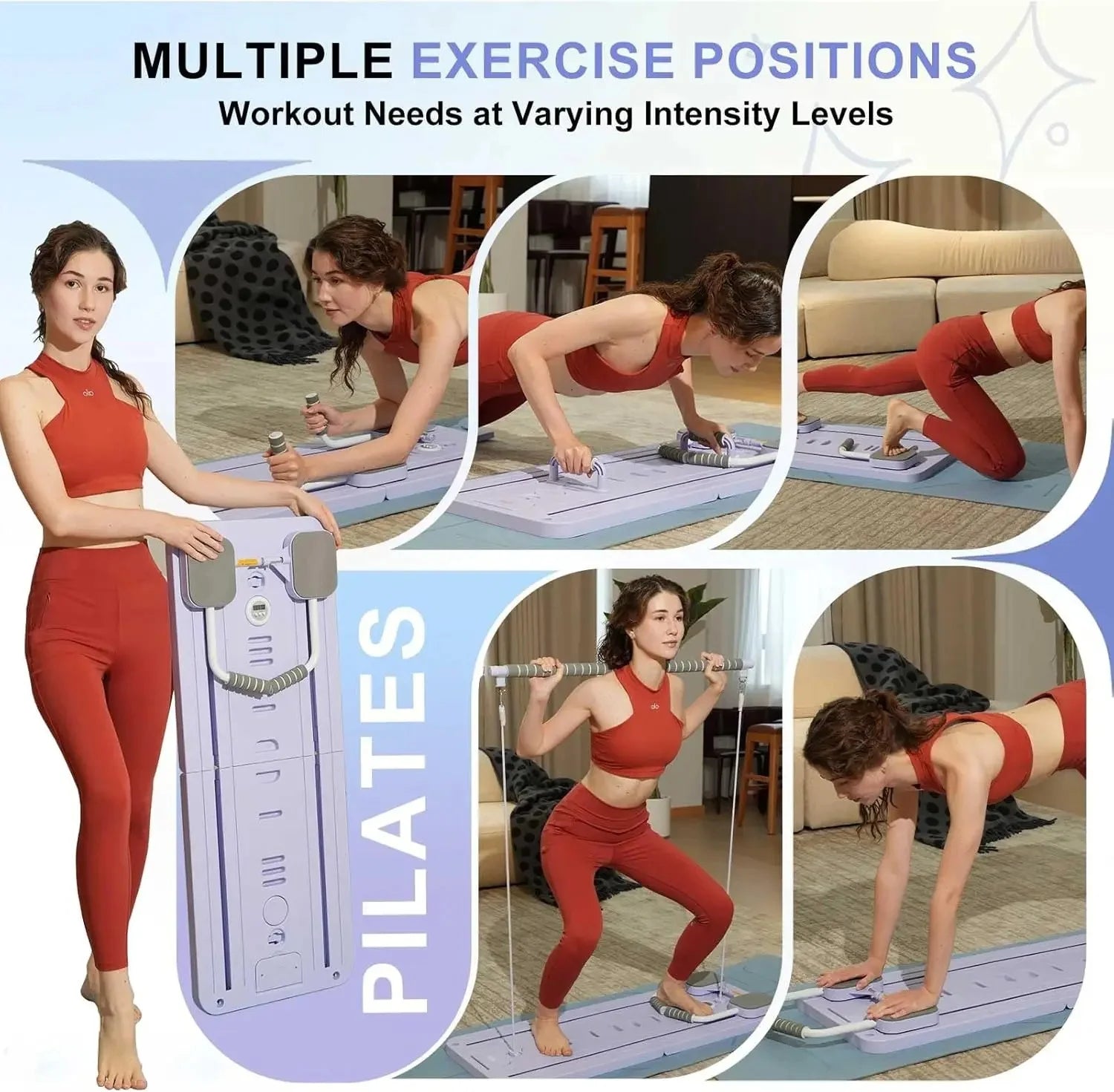 Showcase of various exercise positions and stretching routines using the pilates machine.