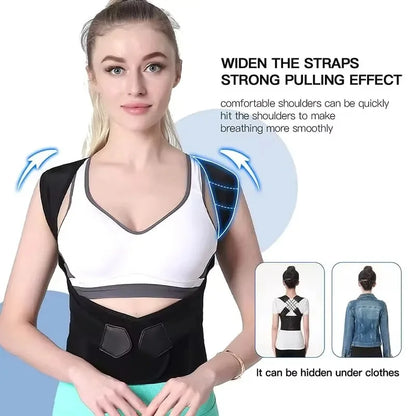 Woman wearing a discreet back posture corrector belt hidden under denim jacket.
